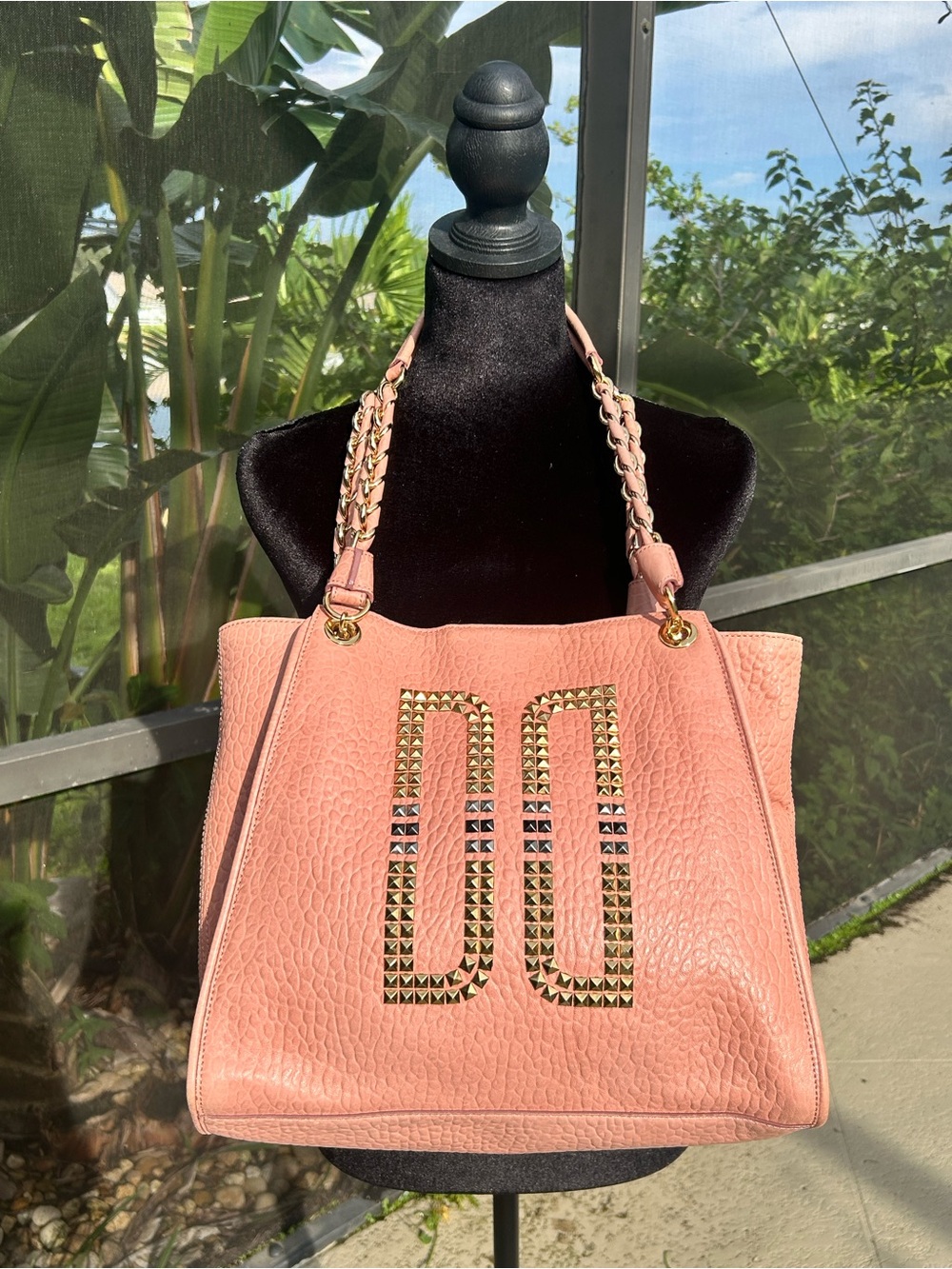 DAKS Gorgeous Dusty Pink Studded Tote Bag with Chain-Strap Handles. Clean!